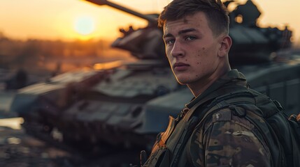 Young soldier in uniform with a thoughtful expression at sunset. military tanks in the background. patriotic and heroic concept. portrait of courage and defense. AI
