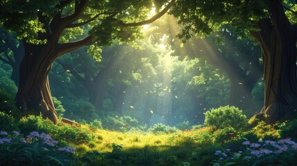 A sun-drenched enchanted forest clearing with a flowering meadow - obrazy, fototapety, plakaty