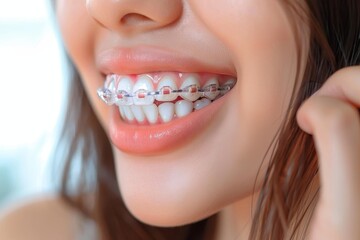 Obraz premium A young woman's confident smile shines through her perfectly aligned teeth adorned with braces, accented by a bold lip color and framed by fluttering eyelashes, highlighting the beauty of oral hygien