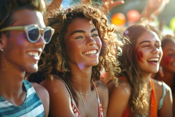 Fototapeta premium A stylish group of people donning sunglasses and goggles enjoy a fun day outdoors, their happy smiles reflecting the warmth of the sun