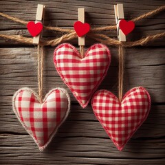 Valentine's hearts crafted from gingham fabric, suspended with natural cord and adorned with red clips, hang against a rustic driftwood texture background. Ample copy space is available