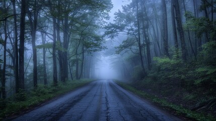 A foggy road winds through a mystical woodland, enveloped by oldgrowth trees and mist, creating a tranquil natural landscape