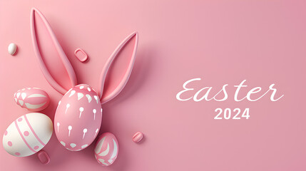 a minimal line drawing illustration of bunny ears and an Easter egg, write the text "Easter 2024", solid pastel background