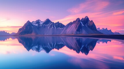 Reflection of crisp mountains on serene waters at dusk