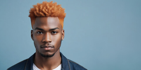 Photo Of A Jealous African American Male Model With A Orange Hair Isolated On A Flat Blurred Mediumblue Background With Copy Space, Banner Template. - obrazy, fototapety, plakaty