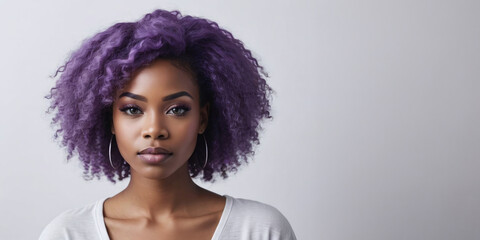 Photo Of A Mystified African American Woman Model With A Purple Hair Isolated On A Flat Blurred White Background With Copy Space, Banner Template.