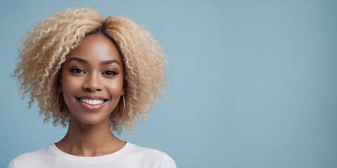 Photo Of A Pleased African American Woman Model With A Blonde Hair Isolated On A Flat Blurred Lightblue Background With Copy Space, Banner Template.