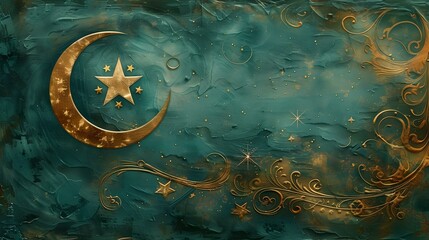 Golden crescent moon and star on a textured teal background. elegant, mystical islamic art style for decor and design. AI