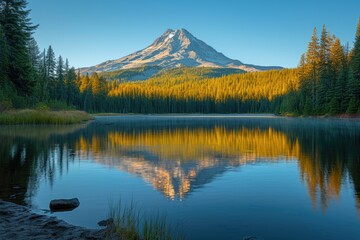 Calm mountain lake with evergreens