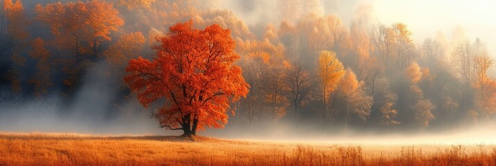 Foggy autumn morning in the meadow - obrazy, fototapety, plakaty