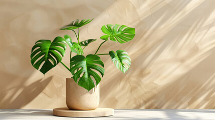 Display podium featuring monstera deliciosa plant and frosted glass for copy space