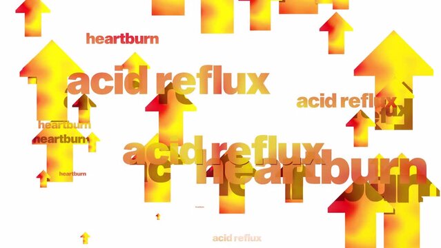 3d animation of flat fire arrows and the words "heartburne" and "acid reflux" moving upwards. Digestive system with gastric reflux and heartburn. On white background.