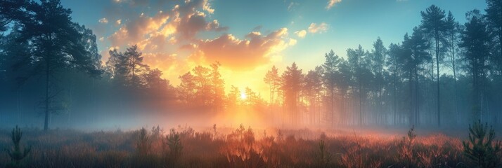 Sunrise in a fog-shrouded forest