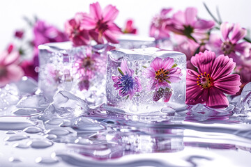 Obraz na płótnie Canvas Ice cubes with pink flowers inside and near in clear cold water.