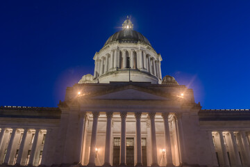 Washington State Capitol Building front north evening blue hour lights