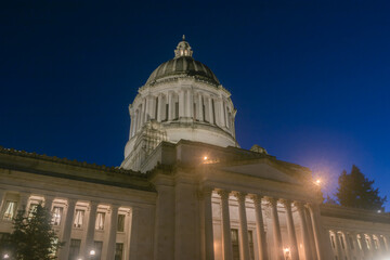 Washington State Capitol Building front from northeast angle evening blue hour lights