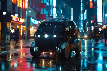 A small car zips down a bustling city street at night, delivering food orders.