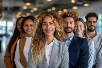 Fototapeta premium A diverse group of individuals, adorned in various clothing styles and adorned with human faces, share a genuine smile as they stand together indoors, showcasing the power of friendship and human con