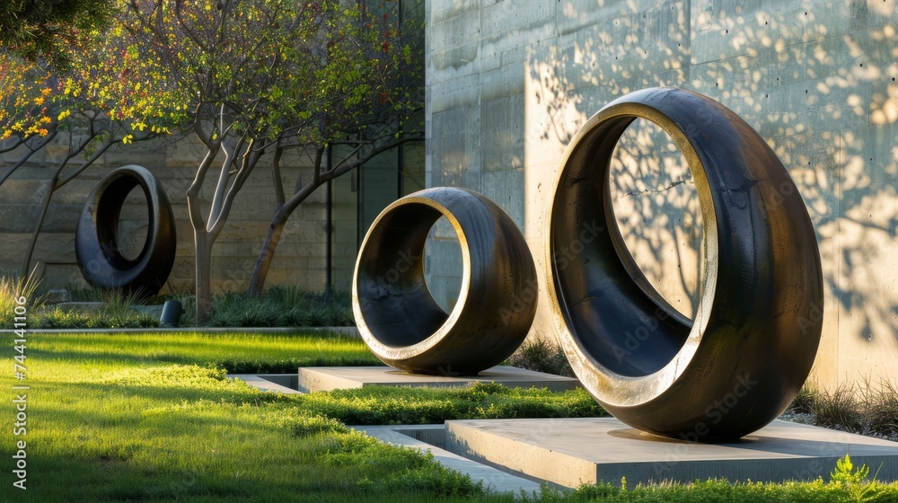 Poster a vibrant sculpture of intertwined circles, nestled in a lush outdoor landscape surrounded by playfu