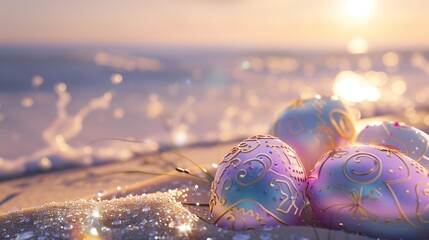 Imagine a pristine beach bathed in the ethereal light of dawn, diamonds. Among this natural beauty, elegantly designed Easter eggs rest, their colors vibrant against the neutral palette of the beach - obrazy, fototapety, plakaty