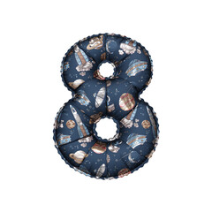 3D Helium Balloon Number 8 with children cartoon space & planets texture with ufo