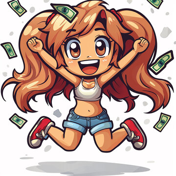 Bright cartoon kawaii image of a girl jumping joyfully