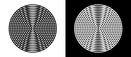 Lines in circle as abstract background like interference. Design element or icon. Black shape on a white background and the same white shape on the black side.