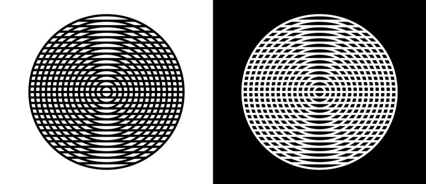 Lines in circle as abstract background like interference. Design element or icon. Black shape on a white background and the same white shape on the black side.