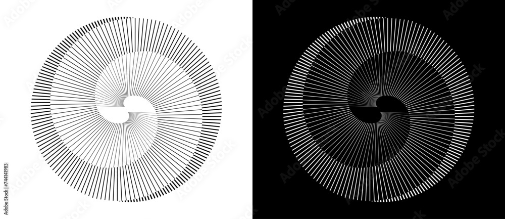 Poster Spiral with lines as dynamic abstract vector background or logo or icon. Yin and Yang symbol. Design element or icon. Black shape on a white background and the same white shape on the black side.