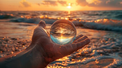 photo of a glass ball in a beautiful hand at a beach
