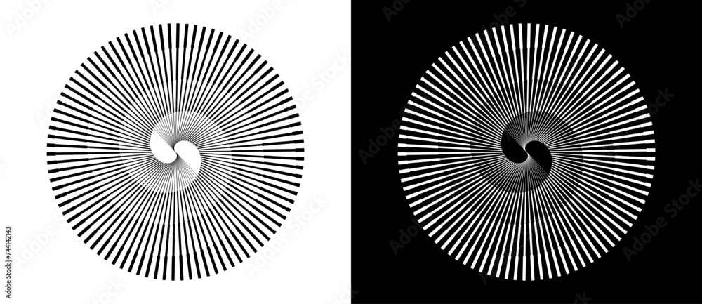 Poster Spiral with lines as dynamic abstract vector background or logo or icon. Yin and Yang symbol. Design element or icon. Black shape on a white background and the same white shape on the black side.