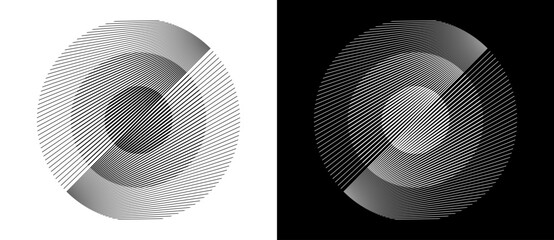 Transition parallel lines in circles. Abstract art geometric background for logo, icon, tattoo. Black shape on a white background and the same white shape on the black side.
