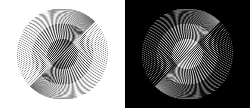 Transition parallel lines in circles. Abstract art geometric background for logo, icon, tattoo. Black shape on a white background and the same white shape on the black side.