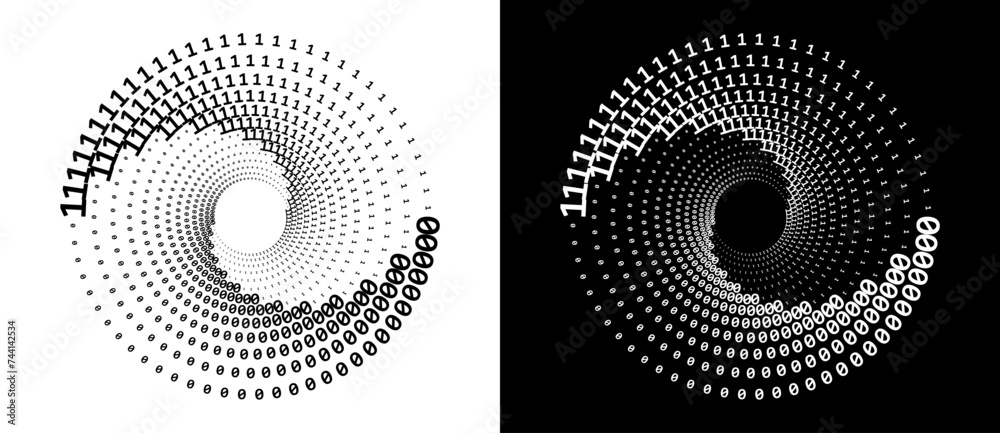 Poster numbers one and zero in a spiral. big data concept, logo or icon. black shape on a white background 