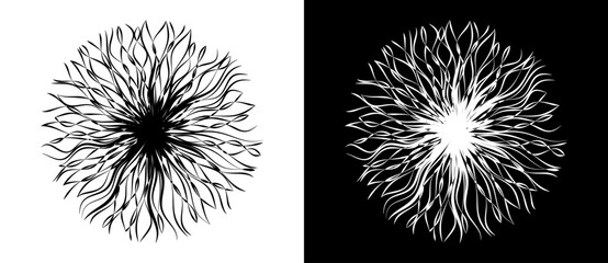 Art sun background. Tattoo template or logo with lines. Design element or icon. Black shape on a white background and the same white shape on the black side.