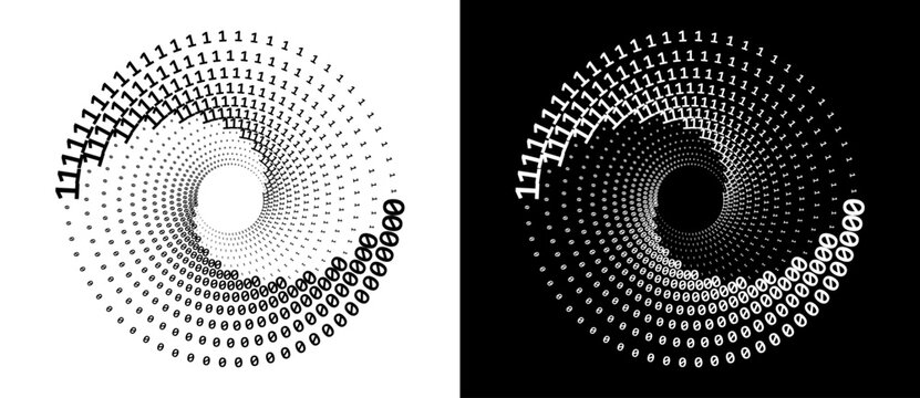 Numbers one and zero in a spiral. Big data concept, logo or icon. Black shape on a white background and the same white shape on the black side.