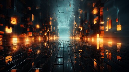 Obraz premium Mysterious cityscape with glowing orange lights amidst towering dark structures