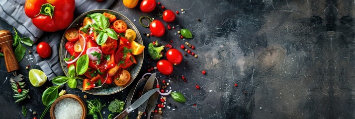 Assortment of fresh vegetables with vibrant colors and textures on dark background