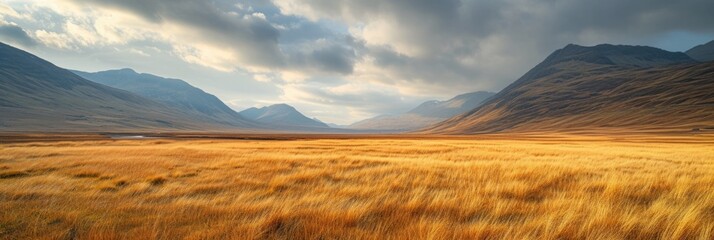 Serene golden meadow with mountains - obrazy, fototapety, plakaty