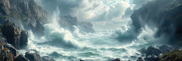 Majestic coastal cliffs with crashing waves - obrazy, fototapety, plakaty