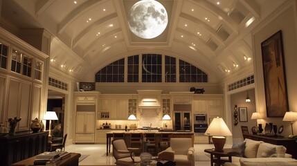 Moonlight streams through skylights in the vaulted ceiling of a lavish living room and kitchen, illuminating the elegant furnishings below