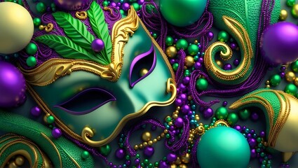 Shiny golden and green mask with feathers, glowing jewelry, glittering beads, and bright balls