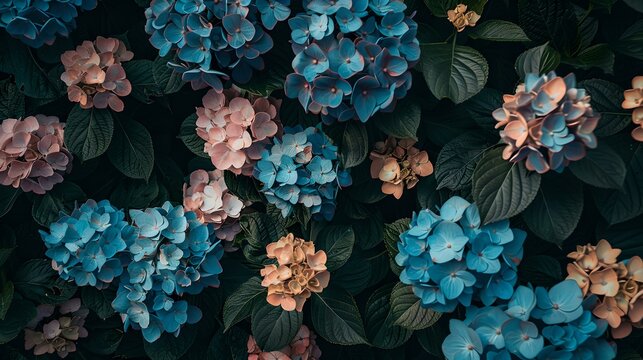 Stunning natural floral pattern featuring vibrant hydrangeas. perfect for backgrounds and botanical themes. royalty-free image. AI