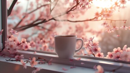 The scene captures a minimalist cup of hot coffee placed on a windowsill, with the focus on the interaction between the warm steam rising from the cup and the cool, soft morning light. - obrazy, fototapety, plakaty