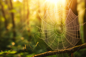 Sunlit Spiderweb, Delicate Threads in Morning Dew