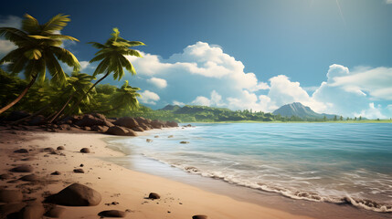 Fototapeta na wymiar Tropical landscape HD 8k background wallpaper Stock Photographic , Arafed view of a beach with palm trees and a rocky shore
