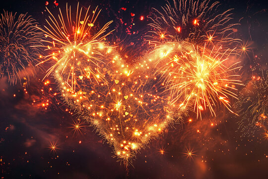 Heart-Shaped Fireworks Display, Vivid Celebration in the Night Sky