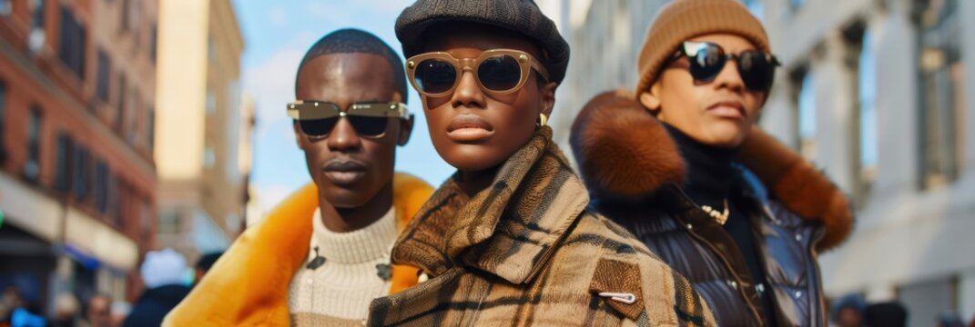Trendy urban fashion with stylish models in designer sunglasses and outerwear