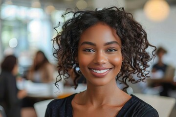 A joyful woman confidently shows off her unique style, adorned with ringlets and a subtle smile, exuding warmth and grace through her captivating gaze - obrazy, fototapety, plakaty