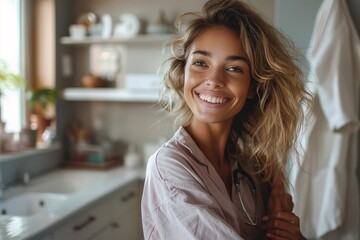 A radiant woman stands in her stylish kitchen, her warm smile shining as she leans against the countertop next to a sink, framed by a window and a vibrant wall - Powered by Adobe